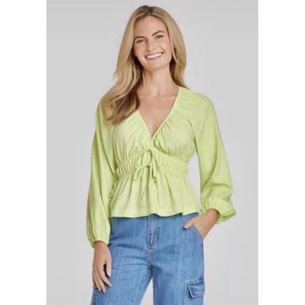 Universal Thread Women XS Linen Rayon Chartreuse Green Balloon Sleeve Blouse